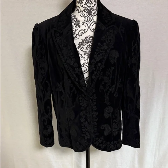 Vintage Nygard Collection Black Velvet Embroidered Cotton Women's Blazer Size 16 - Picture 1 of 15